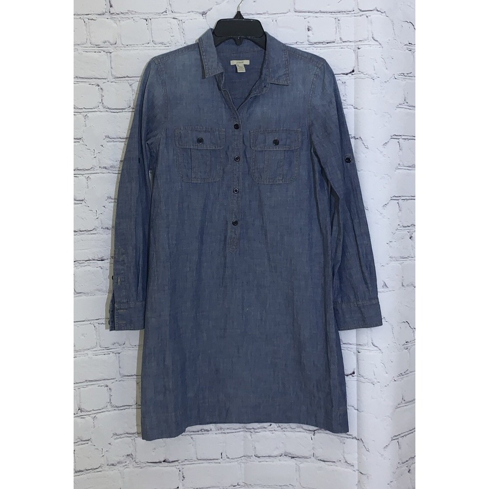 J. Crew Dress Women's 2 Chambray Button Front Roll Tab Sleeve Blue Denim